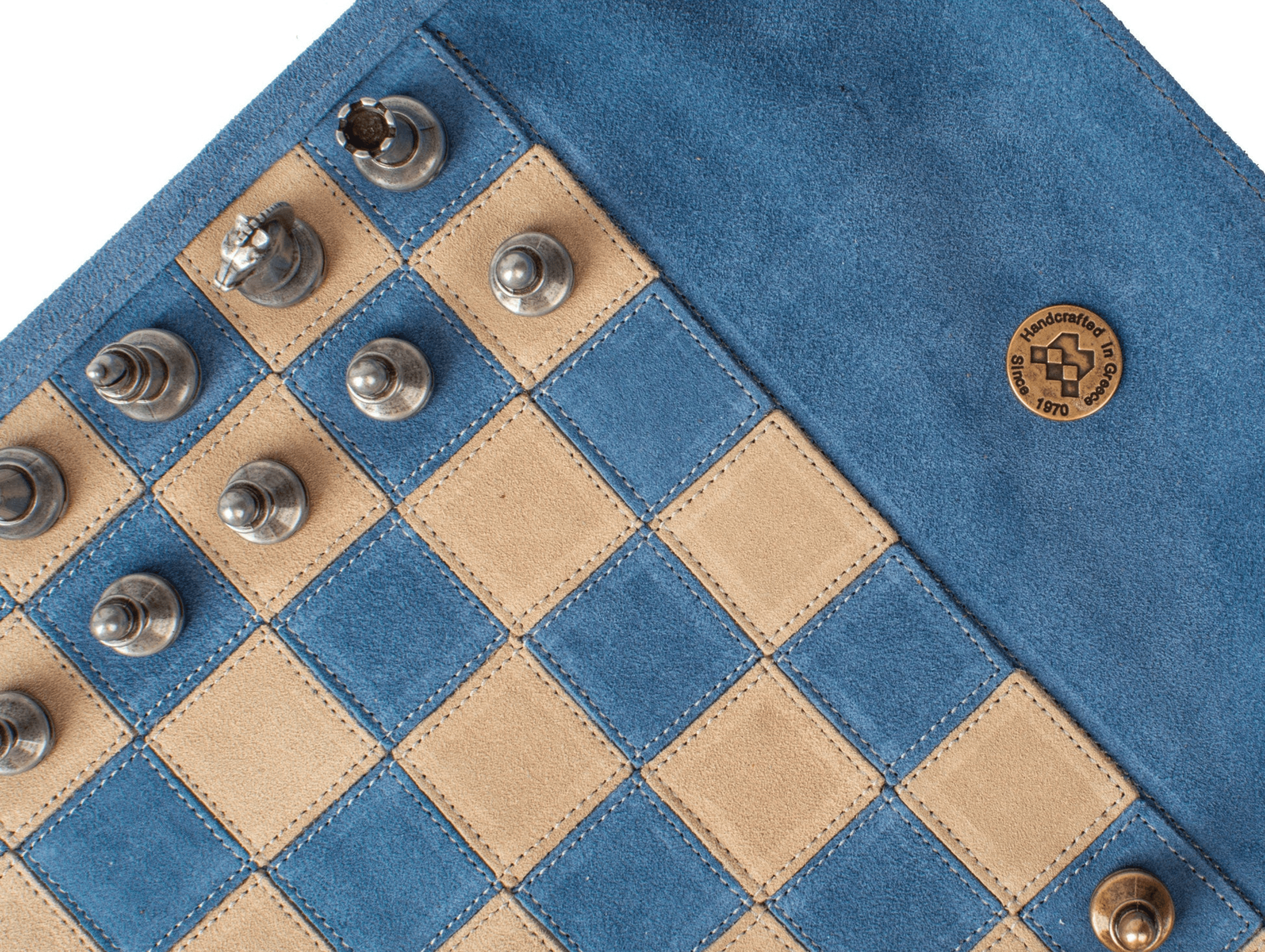 Handcrafted Suede Leather Roll-Up Chess Set with Metal Chessmen - 18″ x 12″ (Made in Greece) - Chess Set - Chess-House