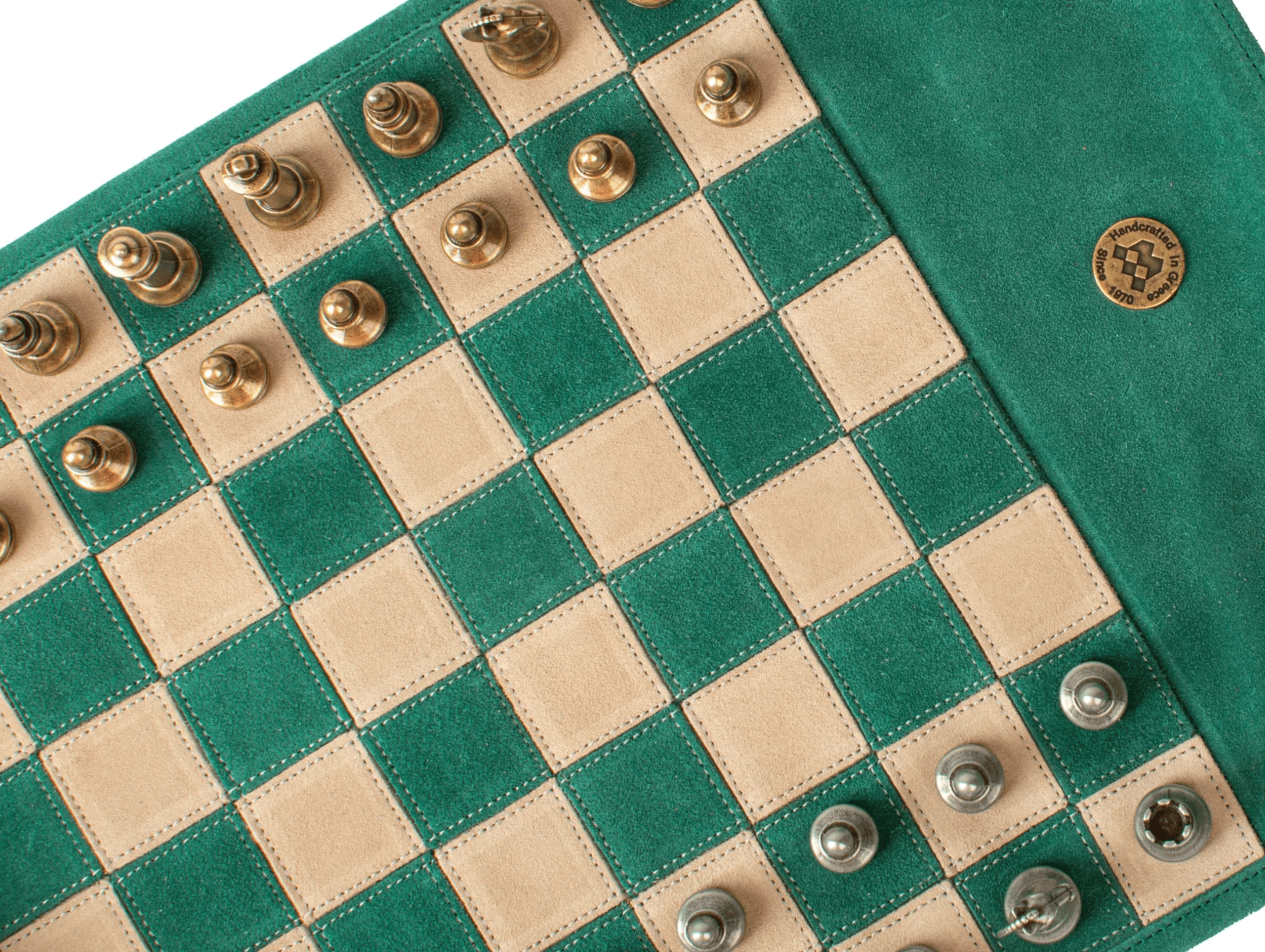 Handcrafted Suede Leather Roll-Up Chess Set with Metal Chessmen - 18″ x 12″ (Made in Greece) - Chess Set - Chess-House