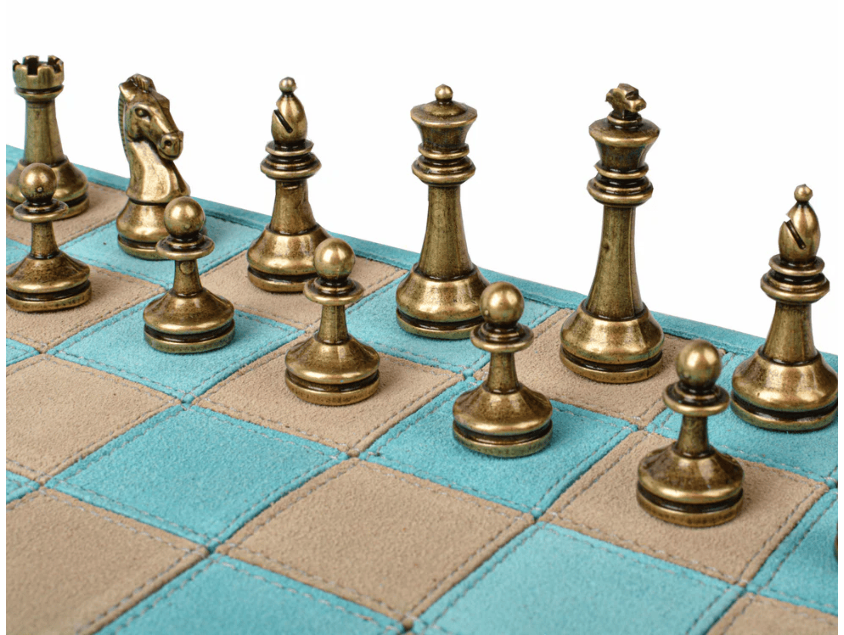 Handcrafted Suede Leather Roll-Up Chess Set with Metal Chessmen - 18″ x 12″ (Made in Greece) - Chess Set - Chess-House