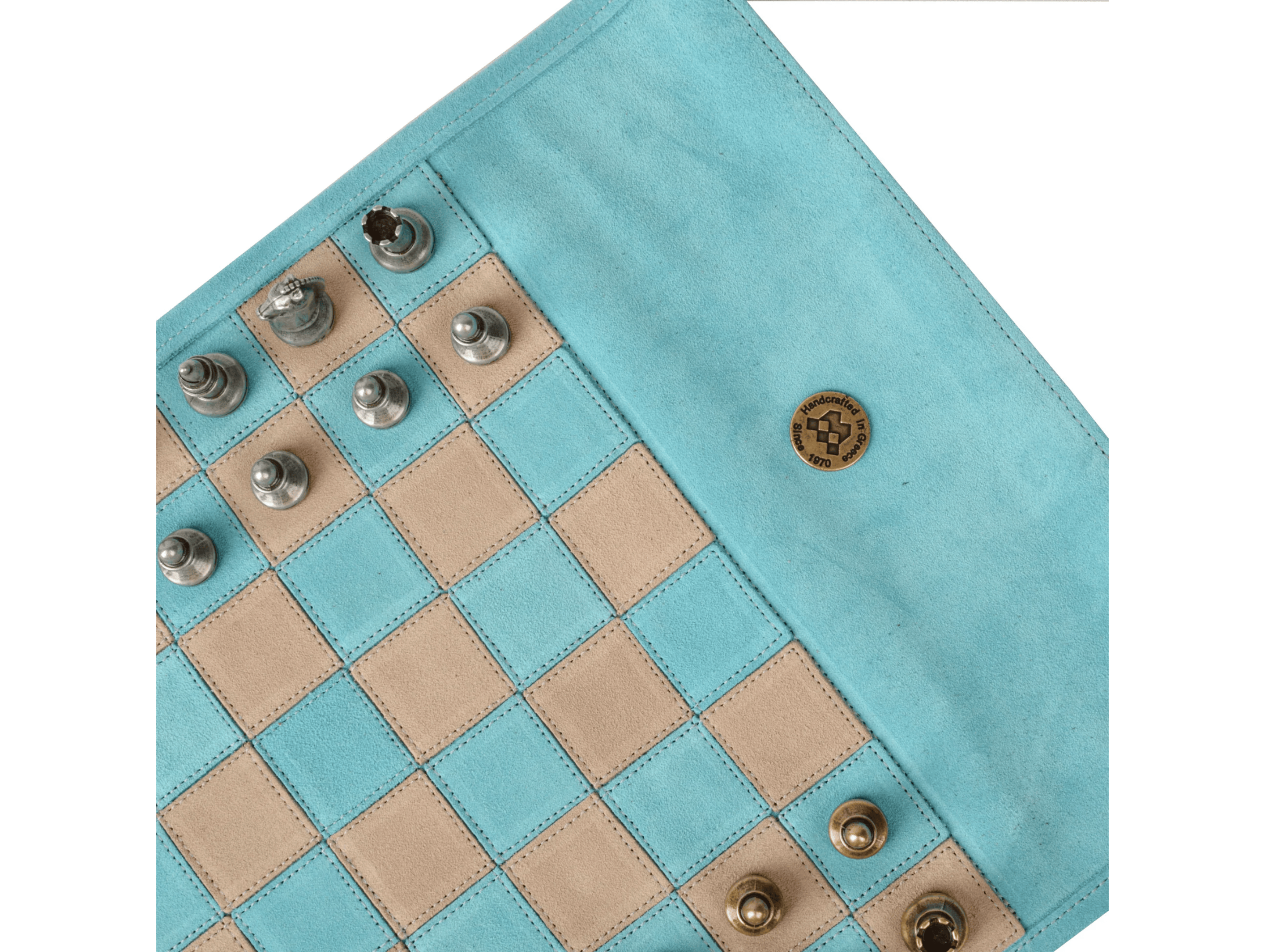 Handcrafted Suede Leather Roll-Up Chess Set with Metal Chessmen - 18″ x 12″ (Made in Greece) - Chess Set - Chess-House
