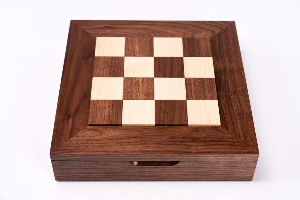 Walnut Maple Premium Hardwood Chess Box with Inset Minichess Board