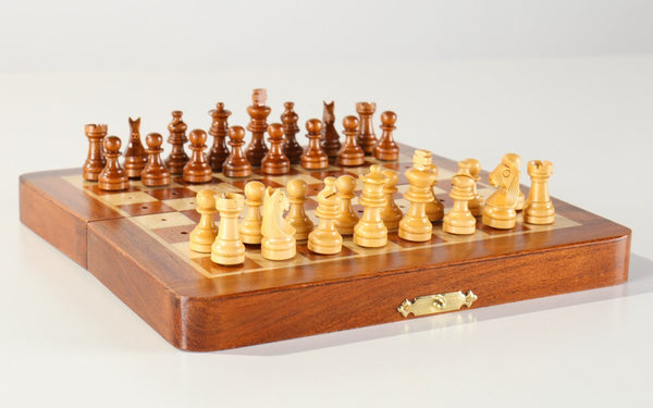 7.5" Folding Pegged Golden Rosewood Chess Set in Leather Case - Chess Set - Chess-House