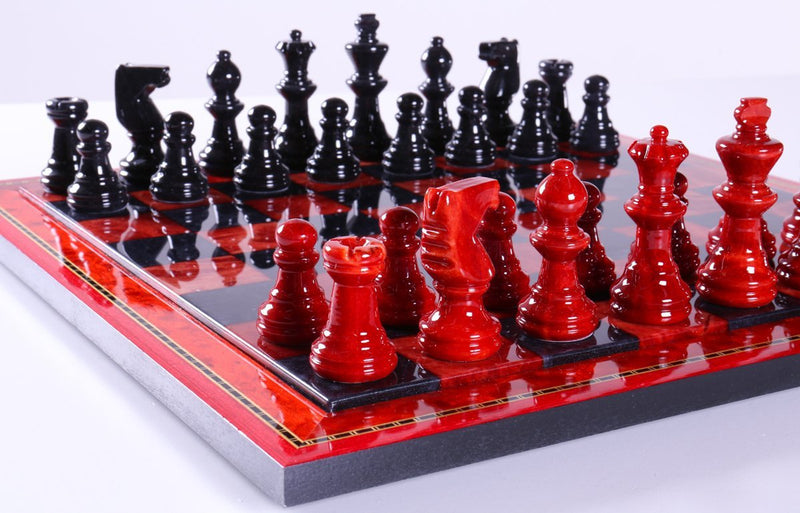 Black and Red Alabaster Chess Set with Wood Frame