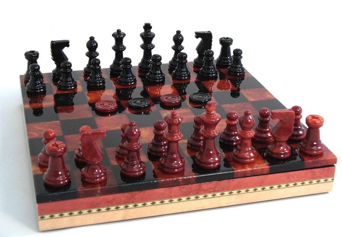 Black & Red Alabaster Inlaid Chest - Chess Set - Chess-House