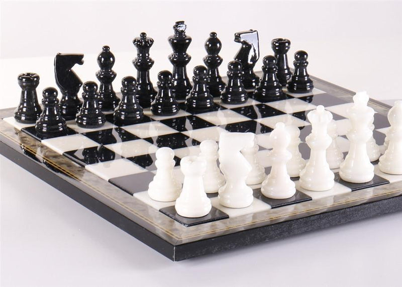 Black & White Alabaster Chess Set with Wood Frame
