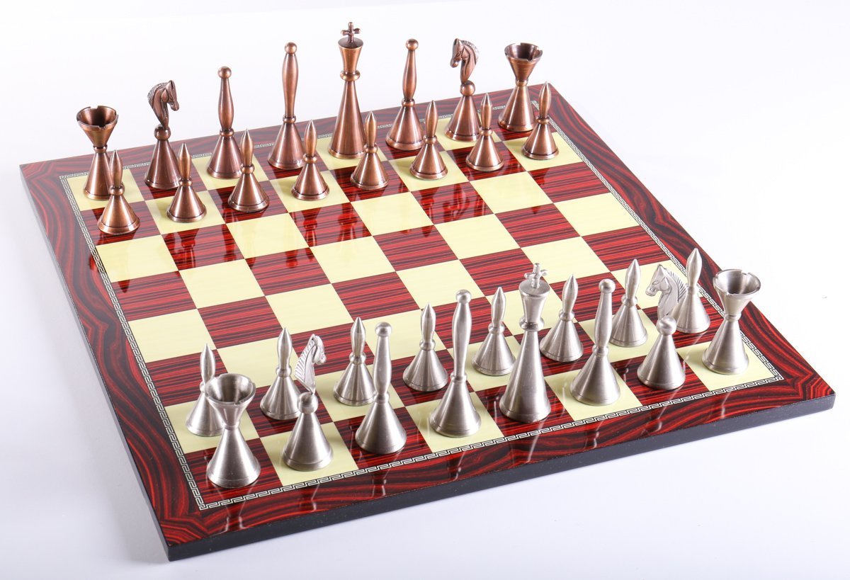 Brass Art Deco Men on Red Grain Decoupage Board - Chess Set - Chess-House