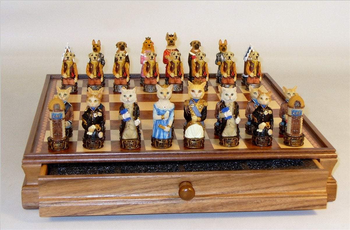 Cats Vs. Dogs Chess Set with Walnut Maple Chest Chess Set