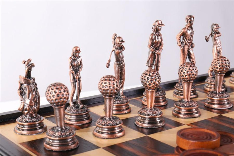 Golf Chess and Checker Set with Pewter Chessmen and Storage