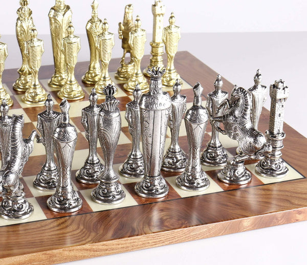 Large Metal Renaissance Chess Set On Elm Briarwood Board - Chess Set - Chess-House