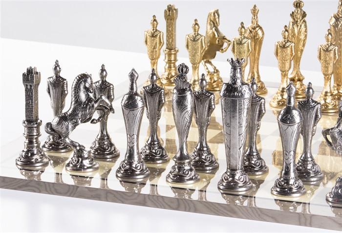 Large Metal Renaissance Chess Set On Grey Gloss Board