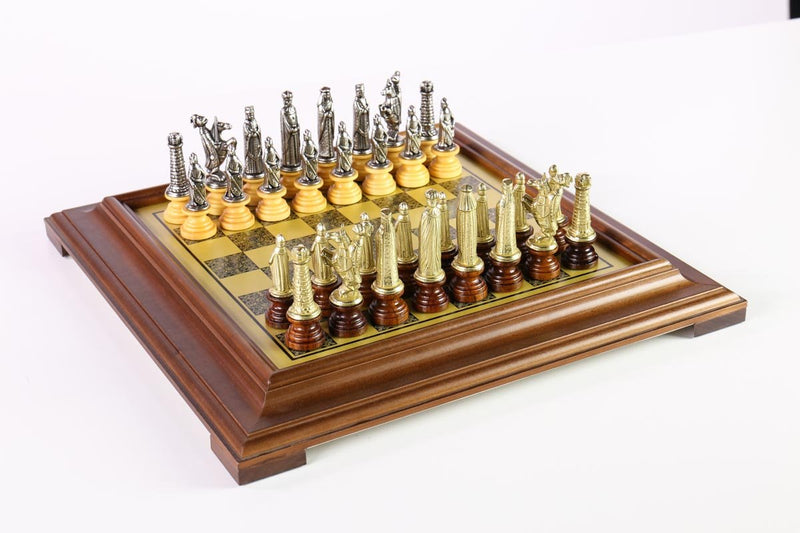 Medieval Metal and Wood Chess Set with Pedastle Board