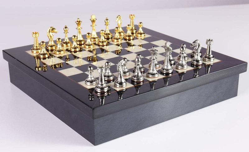 Metal Chess Set with Black Briar Wood Storage Board