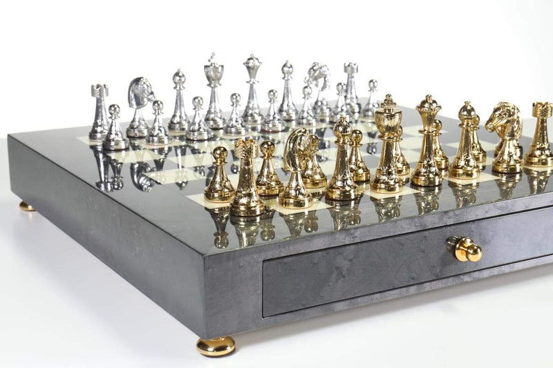 Metal Chess Set with Grey Briar Wood Storage Board