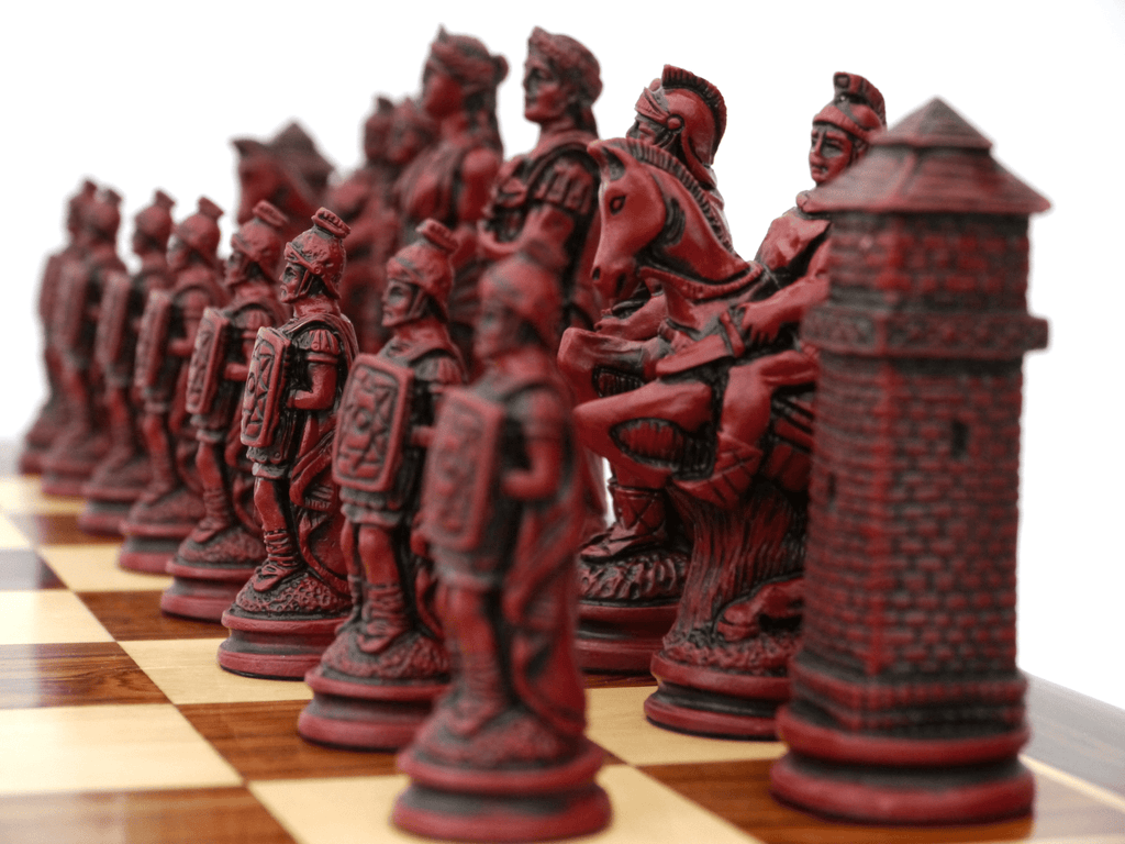 Luxury black leather and marble chess set board with roman chessmen
