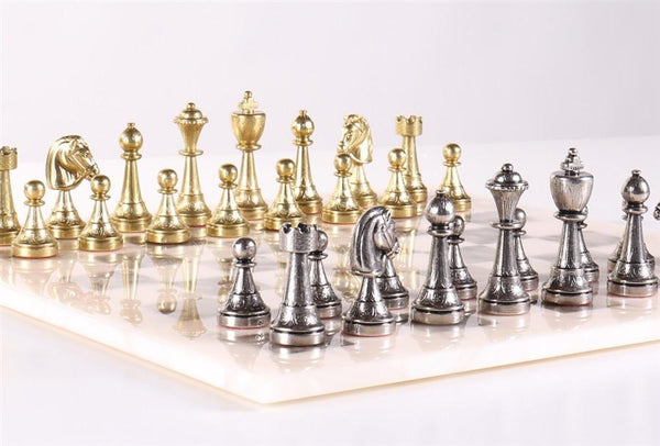 Staunton Metal Chess Men on Grey Alabaster Board - Set - Chess-House