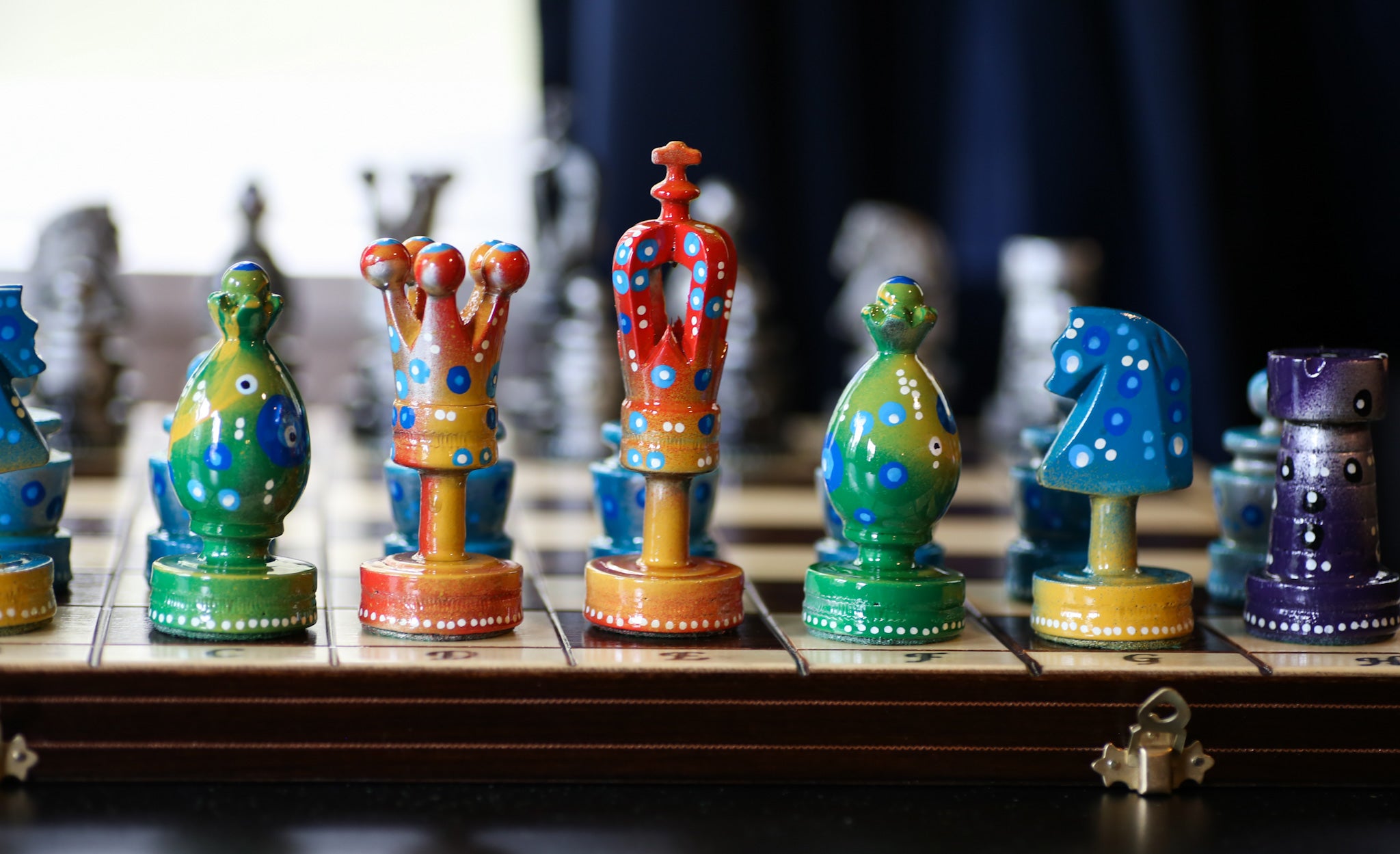 The Decorated Strategist - Sydney Gruber Painted 20" Large King's Inlaid Chess Set #8 - Chess Set - Chess-House