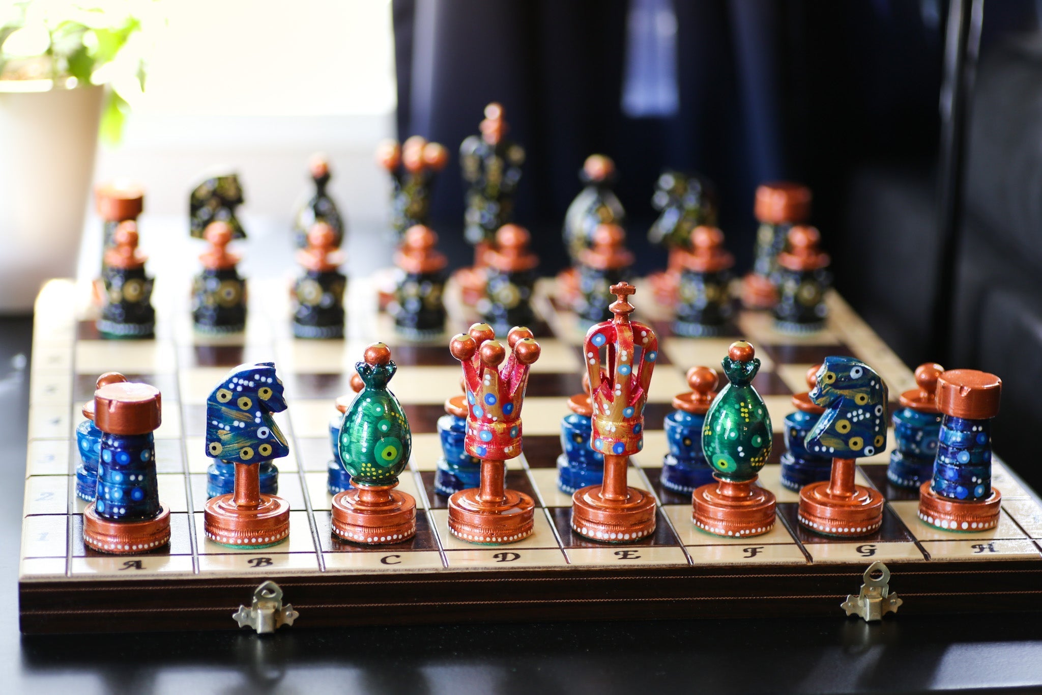 The Surefooted Journeyman - Sydney Gruber Painted 20" Large King's Inlaid Chess Set #10 - Chess Set - Chess-House